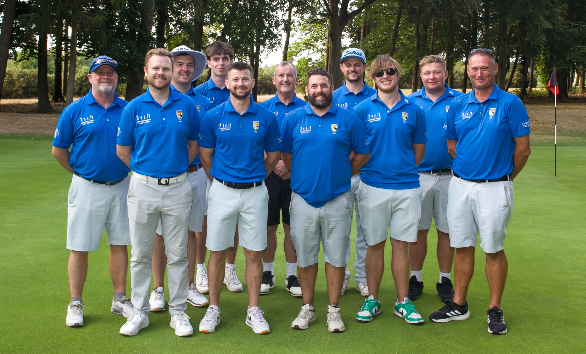 The victorious Norfolk 1st team at Swaffham Golf Club: Back row (l-to-r) Carl Green (joint team manager), Ed Dimambro, Quin Monaghan, Stuart Goodman (Norfolk County Golf Union president), Jonny Spinks, Matt Strudwick; front row: Ben Rawsthorne, George Morris, Scott Wright, Sean Rafferty, Simon Clark (joint team manager)
